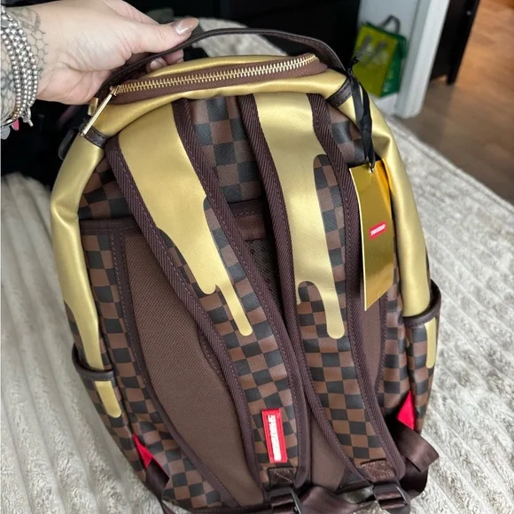 Sprayground Drip Checkered Backpack in Gold and Brown - Picture 5 of 9